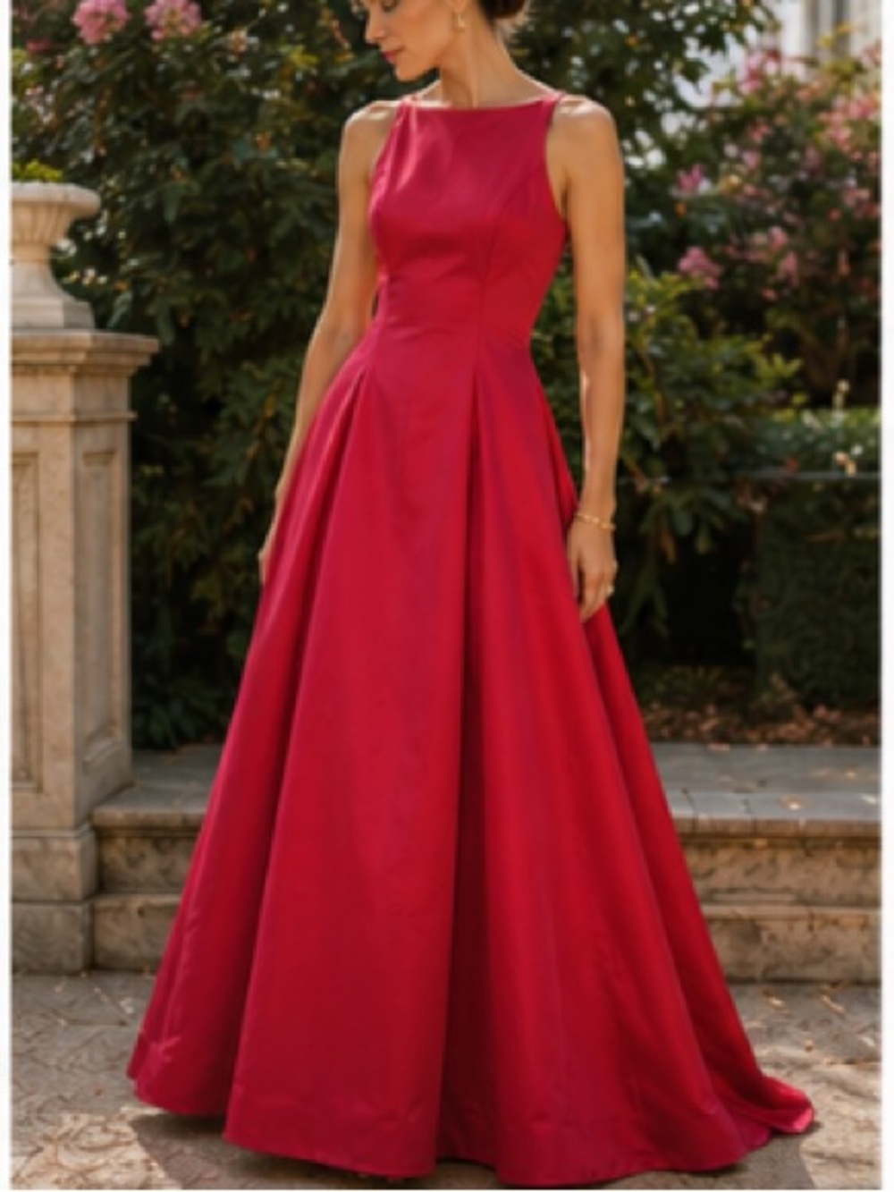 BETSY & Adam High Neck Crimson Red Ball Gown